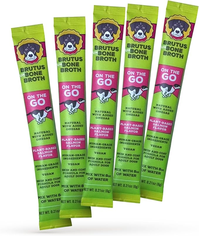 Brutus Broth Instant On The Go Vegetable Powder for Dogs - Vegetable Powder with Omegas 3, 6 & 9 & Turmeric - Human Grade Food Toppers for Dry Food & Picky Eaters - 5 Stick (Vegetable Flavor)