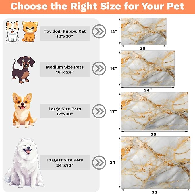 Marble Dog Food Mat for Floors Absorbent, Quick Dry Water Dispenser Mat for Food, Water, Pet Supplies 12" x 20", Golden White Abstract