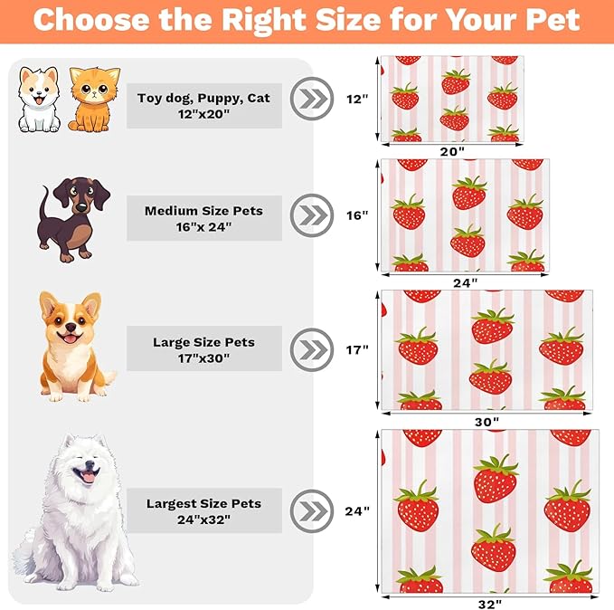 Red Strawberry Dog Food Mat for Floors Absorbent Dog Bowl Mat for Food and Water Dispenser Quick Dry Cat Food Placemat Pet Supplies 24" x 32", Pink Stripe