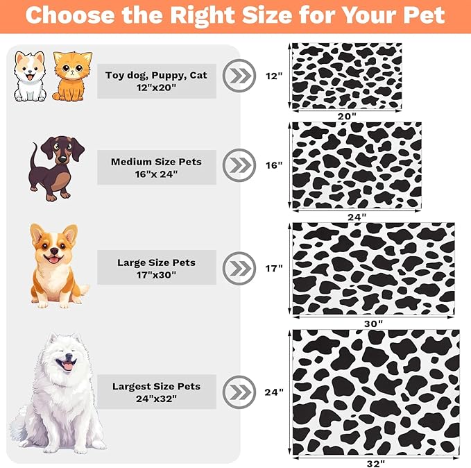 Cow Print Dog Food Mat for Floors Absorbent Dog Bowl Mat for Food and Water Dispenser Quick Dry Cat Food Placemat Pet Supplies 16" x 24", Black White Skin