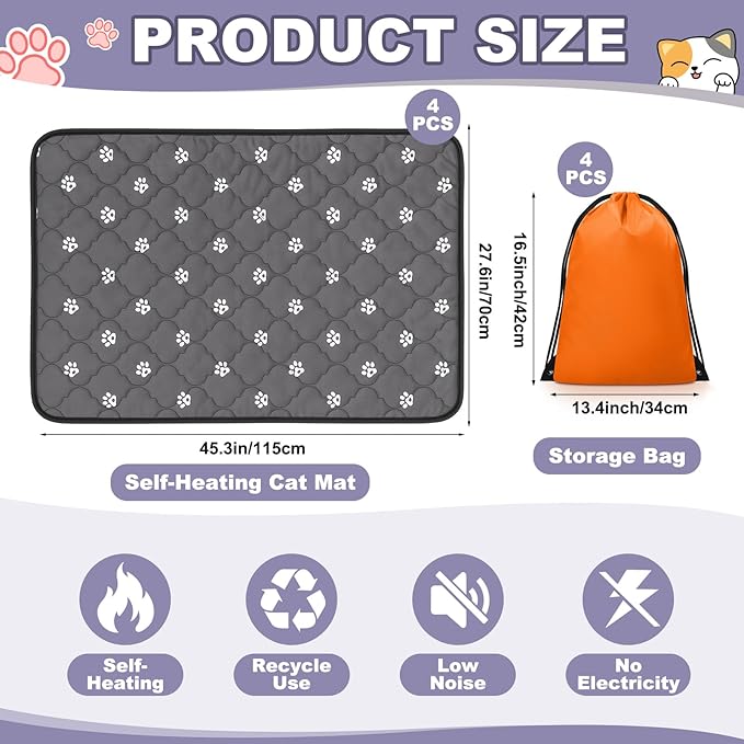 Riakrum 4 Pack 28 x 45 Inches Self Heating Cat Pad Mat Warming Pet Dog Bed Non Slip Washable Cat Kennel Crate Pad with Storage Bag for Indoor Outdoor Small Medium Dog Kitten