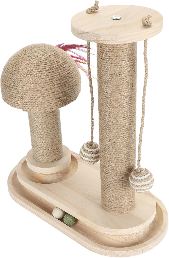 Cat Toy Cat Scratching Post 2 Layer Ball Track Kitten Scratcher Cat Toy, Sturdy Pine Hemp Cat Scratch Post Interactive Toy with Wood Ball, Suction Cup Base Cat Scratcher Toy