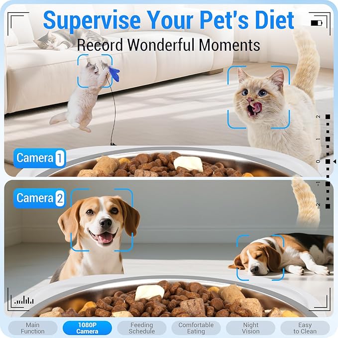 Dual Automatic Cat Feeder with Camera for 2 Cats: 5G WiFi Automatic Dog Feeder with Night Vision, 7L Auto Cat Food Dispenser with Two Camera for Multiple Pet, Easy to Clean-29 Cup(ACF180W-A)