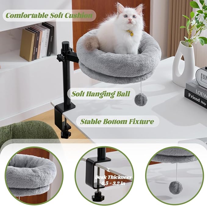 BYBYME Cat Desk Bed for Indoor Cats, Kitty Bed for Worktable Supports 44 lbs, 360° Rotation & Adjustable, Soft Cat Nest Desktop with Hanging Ball for Office Desks Home Tables, 12" in Diameter（Gray）