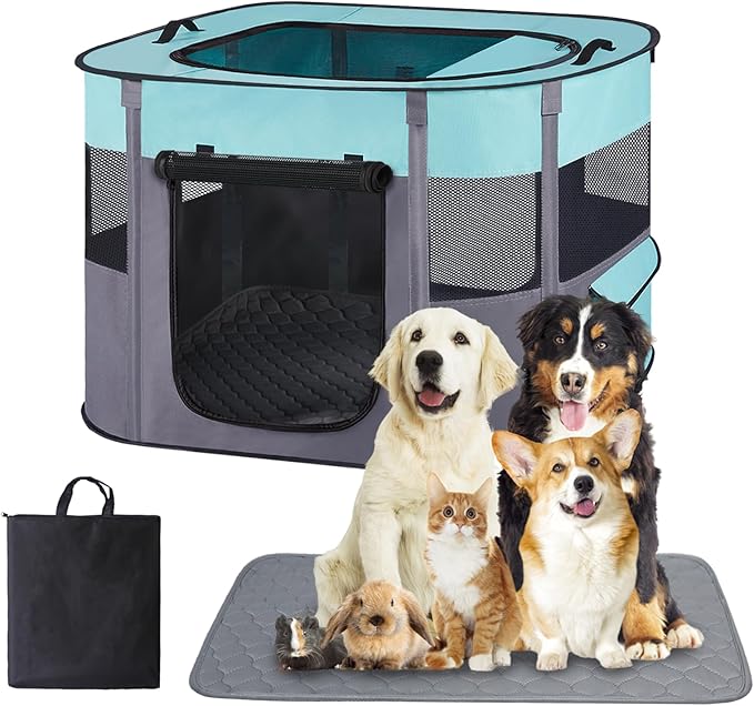Portable Dog Cat Playpen with Waterproof Pad,Collapsible Pet Puppy Kitten Crate,Foldable Small Animals Kennel Cage for Indoor Outdoor Travel Camping,Water-Resistant Breathable Shade Cover (Green M)