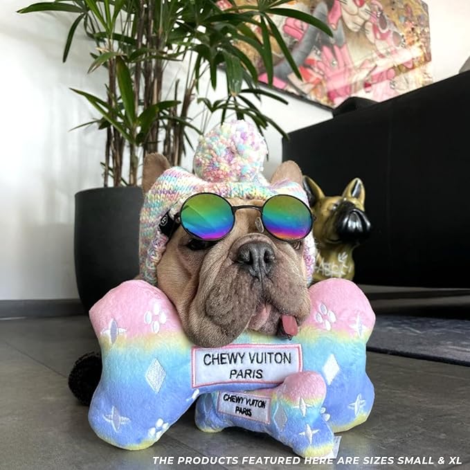 Haute Diggity Dog Pink Ombre Chewy Vuiton Bone, Plush Designer Dog Toys with Interactive Squeaker, Stimulating Pet Enrichment, Machine-Washable & Safe Materials for All Breeds, Size Small
