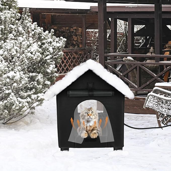 BWOGUE Elevated Heated Cat House for Outdoor Cats in Winter, Waterproof & Insulated Feral Cat Shelter for Outside Cats,Weatherproof Feral Cat House for Outside (Black, L)