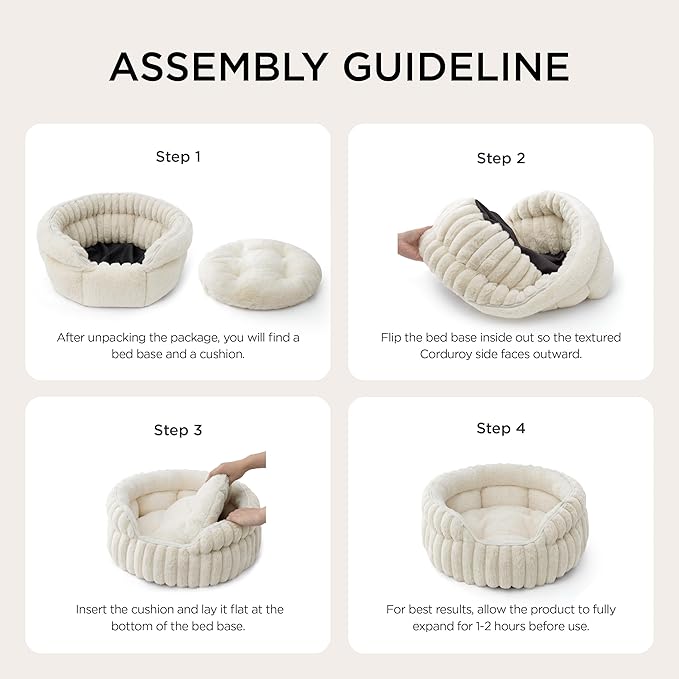Bedsure ComfyFleece™ Cat Bed, Washable Round Cute Cat Beds for Indoor Cats, Super Soft Corduroy Pet Bed for Puppy and Kitten with Anti-Slip Bottom, 23''x23''x8.5'', Cream