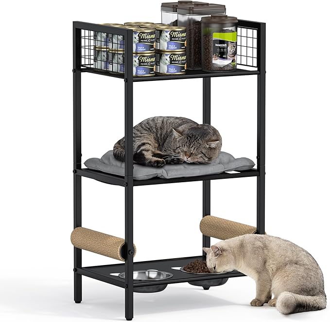 4in1 Cat Furniture Stand with Cat Scratching Post, Cat Food Bowls, Cats Bed Platform, Cats Food Storage Organizer, All in One Pet Furniture for Small Space (Black)