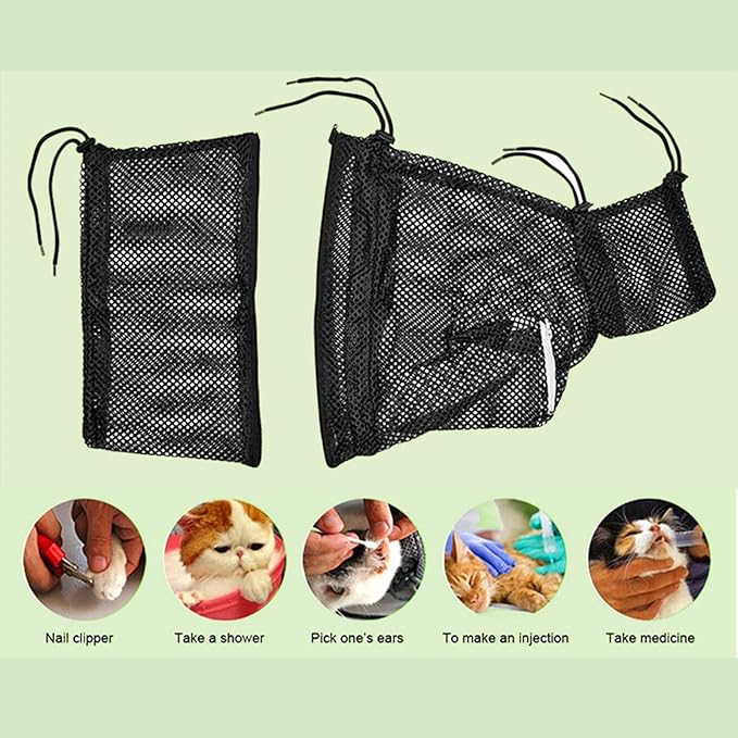 2 PCS Cat Grooming Bag, Mesh Restraint for Bathing and Nail Trimming, Red and Black, Adjustable