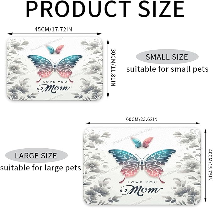 Dog Food Mats for Floors Absorbent Pet Cat Food Mat Happy Mother's Day Floral Gift Mom Butterfly Non Slip Dogs Bowl Mats for Water Dog Placemats Feeding Mat Pet Supplies 18X12In