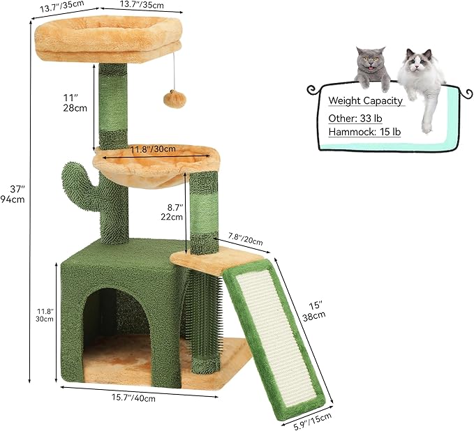 YITAHOME 37in Tall Cactus Cat Tree Tower: Cute Kitten Climbing Tower with Self-Grooming Brush, for Indoor Cats with Kitty Condo Plush Platform Hammock Sisal Scratching Posts Dangling Ball