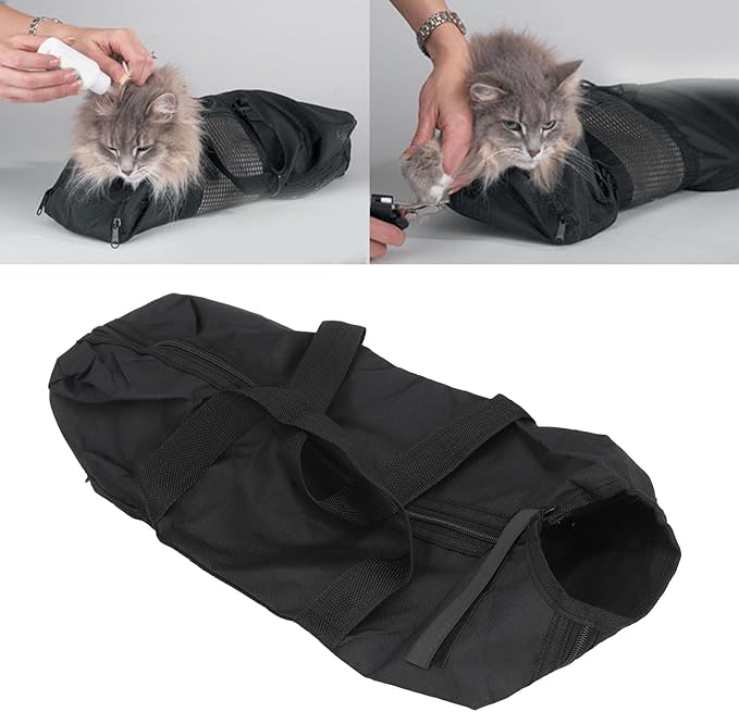 Cat Grooming Bag, Pet Bathing Restraint Bag, Breathable Multifunctional, for Bathing Nail Trimming Injections, Front Rear Zipper Openings, 2 Handles Hanging Hook