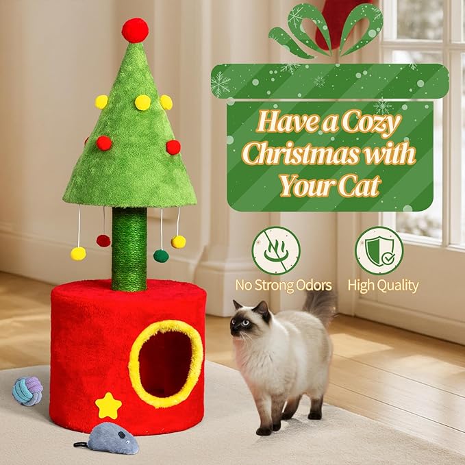 30in Cat Scratching Post with Cat House for Indoor Kitten, Small Cat Tree Tower with Sisal Post and Cute Hanging Balls, Red & Green