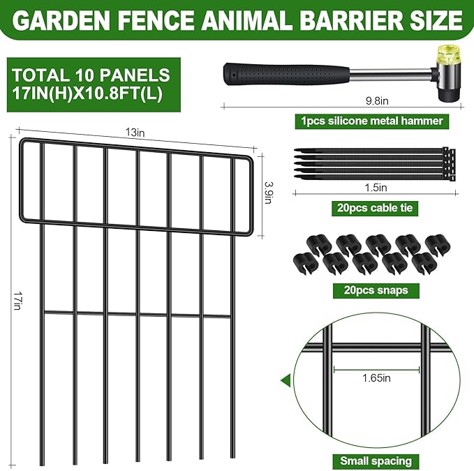Decorative Garden Fence, 17in x 27ft, Metal Animal Barrier, 10 Pack, Metal Garden Fence Edging, Rabbit and Dog Ground Defense No-Dig Fence for Patio Patio Outdoor Flower Bed Edge Decoration