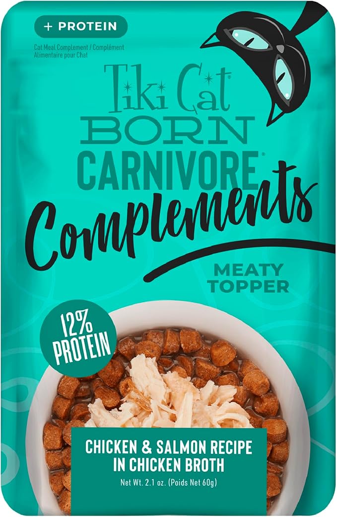 Tiki Cat Born Carnivore Complements Wet Cat Food Topper, Chicken & Salmon 2.1 oz. Pouch (12 Count)