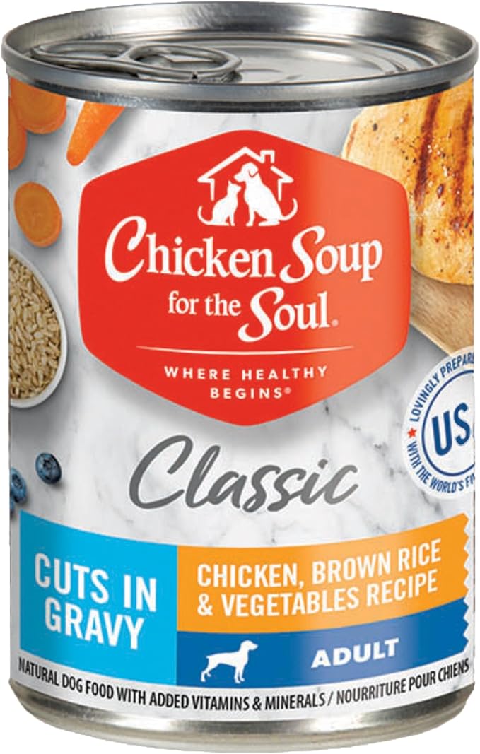 Chicken Soup for The Soul All Natural Premium Adult Wet Dog Food, Real Meat First Ingredient, No by-Products, Chicken, Brown Rice & Vegetables Cuts in Gravy, 13oz (Pack of 12)