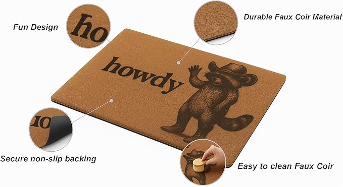 Funny Doormat Outdoor Welcome Mat, Faux Coir Door Mat for Front Porch or Entryway, Cute Pet-Themed Durable and Easy to Clean Rug 30"x17" (Howdy-1)