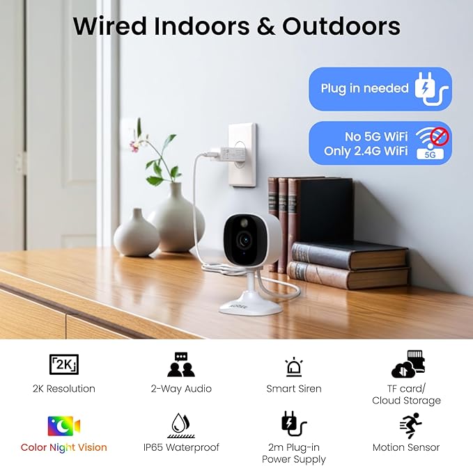 2K Cameras for Home Security-Outdoor/Indoor Camera for Dog/Cat/Pet/Nanny/Baby/Elderly, Color Night Vision, White Light, Siren, 24/7 SD Recordings, Works with Alexa, Plug in (C1-White-4pack-2.4G)