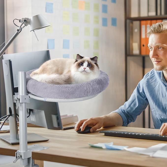 Cat Desk Bed,Steel Cat Bed for Desk,Up and Down Available,360° Rotating, Shelf Height Adjustable, Desktop Attachment Cats Nest Perch Hammock for Office Game Tables, Supports 40lb (Dark Gray