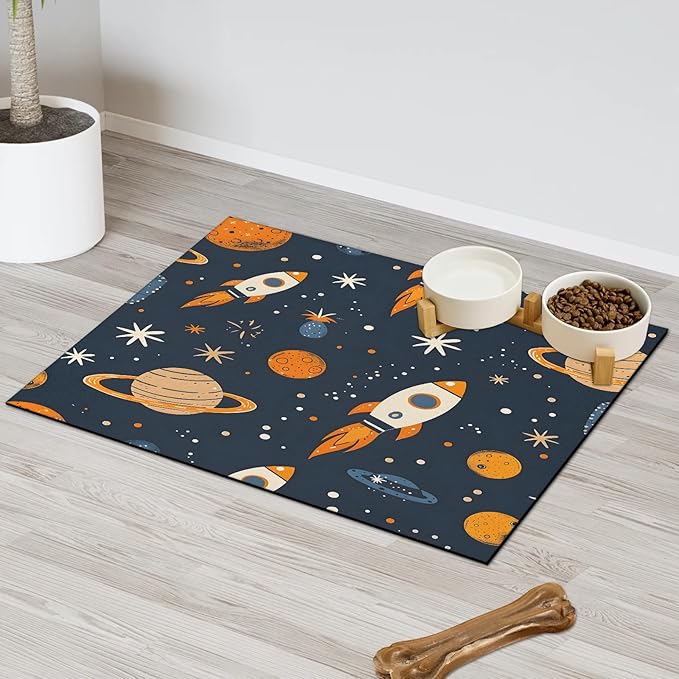 Rocket Dog Food Mat for Floors Absorbent, Quick Dry Water Dispenser Mat for Food, Water, Pet Supplies 24" x 32", Starry Sky