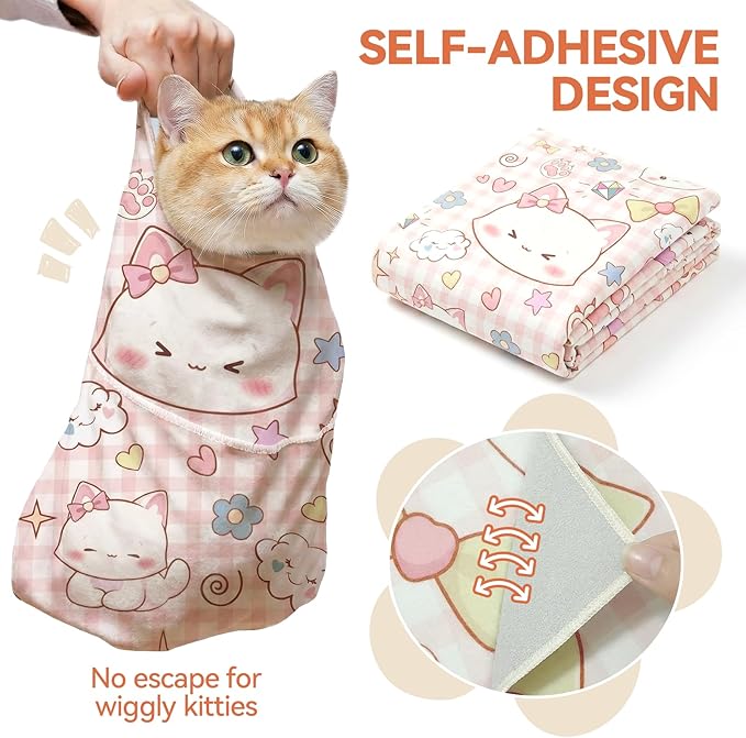 BFNN Cat Grooming Wrap for Cutting Nails, 27.6" Anti-Escape Calming Cat Swaddle Wrap for Medicine, Nail Clipping, Teeth Brushing, Ear Cleaning, Self-Adherent Burrito Restraint, (Happy Kitty, L)