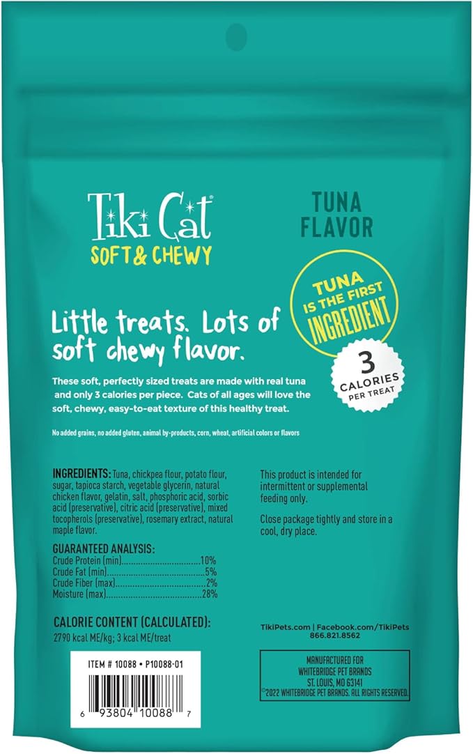 Tiki Cat Soft & Chewy Treats, Tuna Flavor, 3 Calories Per Treat with Grain-Free and No Added Gluten, 6 oz Pouch (Pack of 2)