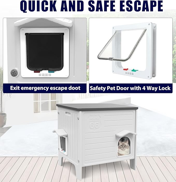 Plastic Cat House Outdoor & Indoor, Feral Cat Houses with Escape Door, Waterproof Outdoor Cat Shelter for Feral Stray Cat Kitty, Assemble Easily