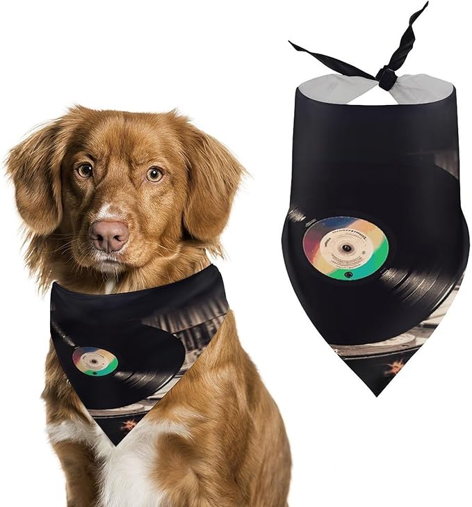 Dog Bandana Spring Pet Scarf Adjustable Triangle Vinyl Records Printing Dog Bib Washable Polyester Puppy Bandana for Small Medium Large Dogs Cat Birthday Party Supplies