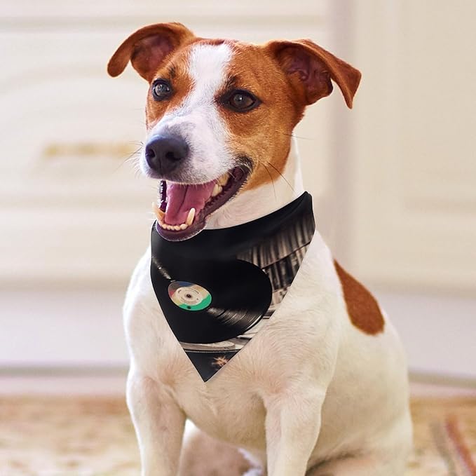 Dog Bandana Spring Pet Scarf Adjustable Triangle Vinyl Records Printing Dog Bib Washable Polyester Puppy Bandana for Small Medium Large Dogs Cat Birthday Party Supplies