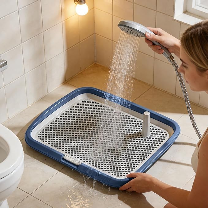 Dog Potty Tray with Guide Pillar, Indoor Pet Pee Pad Holder Duty, Removable Washable Puppy Training Toilet for Housebreaking Supplies Small Medium Dogs (Blue-L)