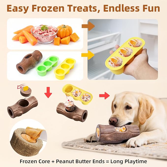 2 Pack Dog Toys for Aggressive Chewers, Interactive Indestructible Dog Toys with Frozen Treat Function, Durable Dog Puzzle Toy for Large & Medium Dogs, Reduces Anxiety, Green & Brown