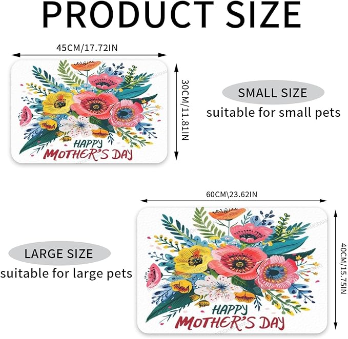 Pet Feeding Mat for Floors Waterproof Dog Mat for Food and Water Happy Mother's Day Floral Gift Mom By Absorbent Quick Dry Non Slip Mats Cat Bowls 24x16In
