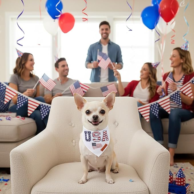 PTDECOR American Flag Dog Bandana, White USA Flag 4th of July Pet Scarf, Premium Durable Fabric, Reversible Triangle Patriotic Bandanas for Small Dogs Pets (Small)