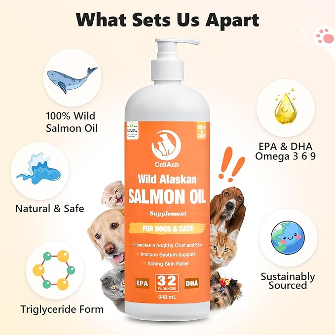 Wild Salmon Oil for Dogs & Cats 32oz Omega 3 Fish Oil Skin & Coat Supplement Pure Fish Omega 3 6 9 Liquid EPA DHA Fatty Acids - Itchy Relief Supports Joint Function, Brain, Eye, Immune & Heart Health