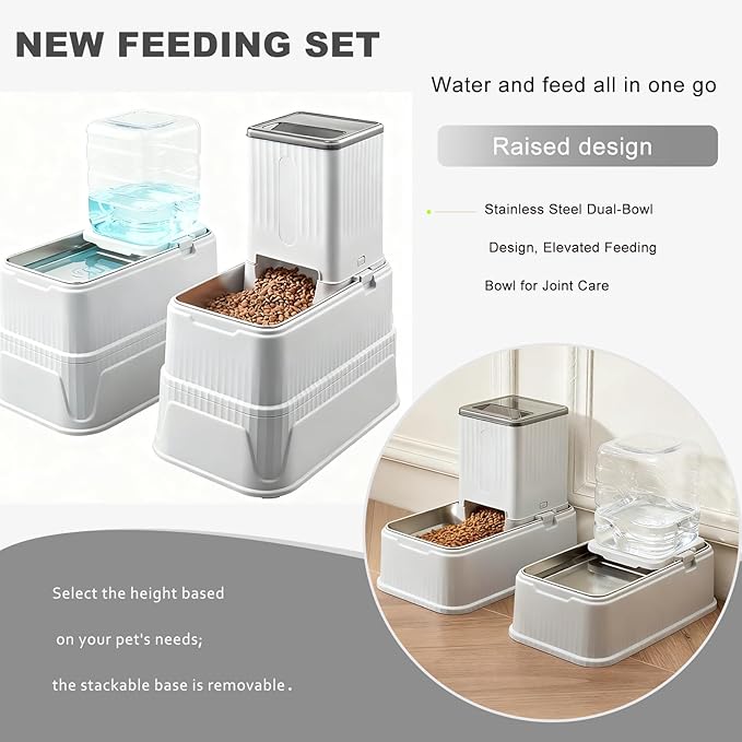 Elevated Dog Bowls Set, 1 Gallon Automatic Gravity Food Feeder & Water Dispenser with Stainless Steel Bowls, Adjustable Elevated Feeder for Small Medium Large Dogs, Anti-Choking & Neck Protection