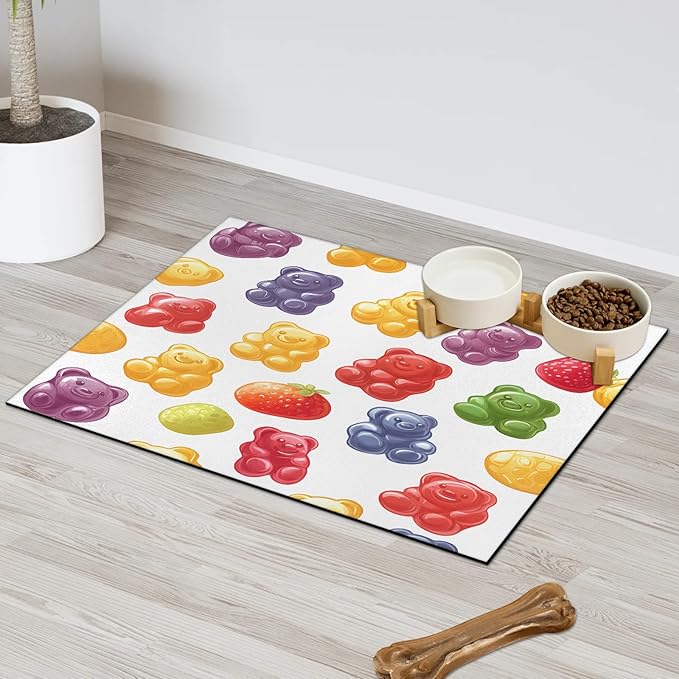 Bears Candy Dog Food Mat for Floors Absorbent Dog Bowl Mat for Food and Water Dispenser Quick Dry Cat Food Placemat Pet Supplies 17" x 30", Colorful Fruit