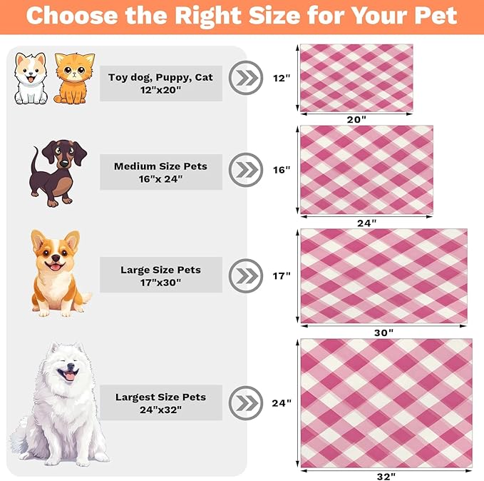 Pink Plaid Dog Food Mat for Floors Absorbent, Quick Dry Water Dispenser Mat for Food, Water, Pet Supplies 12" x 20", Checkerboard