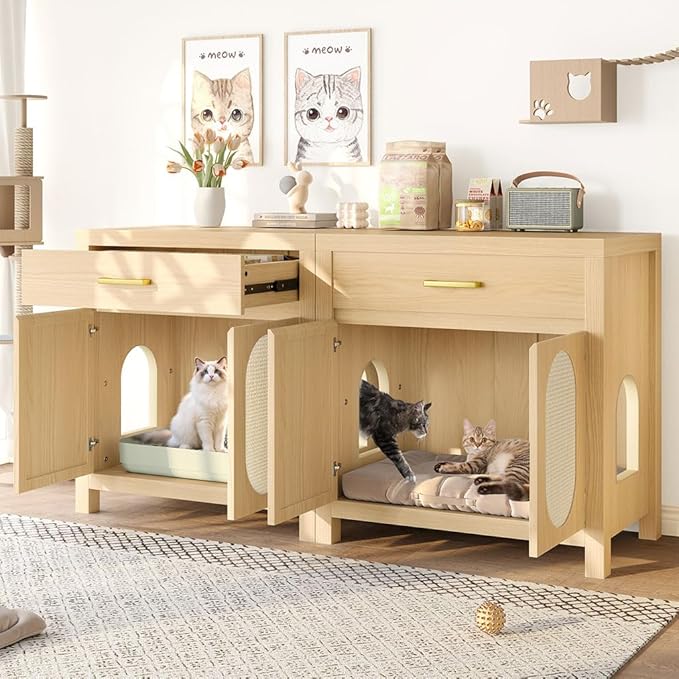 Cat Litter Box Enclosure Furniture, Hidden Litter Box Cabinet Cat House Side Table with Drawer & Sisal Scratch Pads, Wooden Pet Furniture for Living Room, Bedroom,Natural