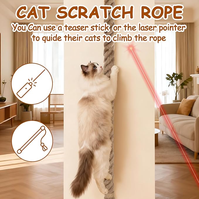 2" x 4.92Ft Cat Climbing Rope with Hook, Natural Cat Climbing Jute Rope for Wall Mounted, Durable Sisal Ropes for Indoor and Outdoor Cats Scratching Playing