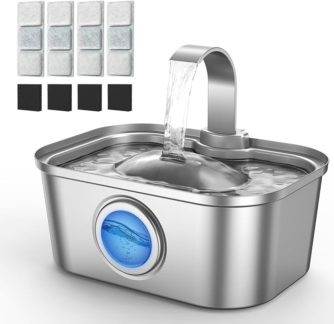 Bobo&Dragon Cat Water Fountain Stainless Steel, 124oz/3.5L Cat Drinking Fountain, Automatic Dog Water Dispenser Indoor, Water Bowl for Cats Dogs Pets Built-in 4+4 Replacement Filters