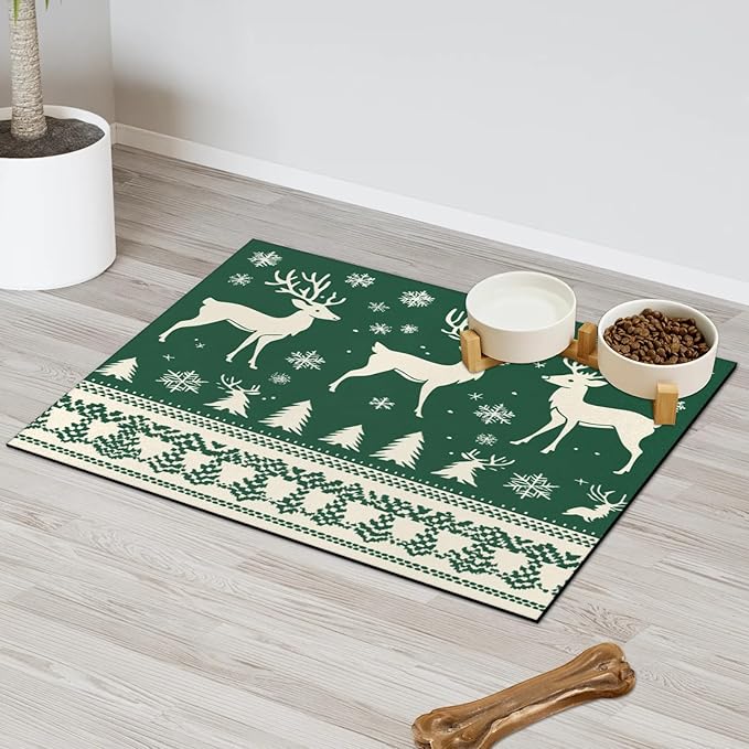Xmas Deer Dog Food Mat for Floors Absorbent, Quick Dry Water Dispenser Mat for Food, Water, Pet Supplies 24" x 32", Snowflake Tree