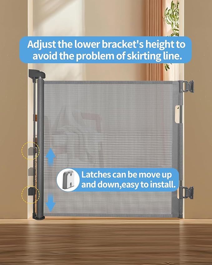 Retractable Baby Gate for Doorways and Stairs, Mesh Safety Gate for Pet, Indoor & Outdoor Use, One-Hand Operation, Easy Installation, 33.6" Tall, Expands to 55" Wide（Grey,33.6"x55")