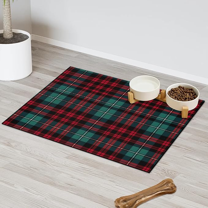 Christmas Plaid Dog Food Mat for Floors Absorbent, Quick Dry Water Dispenser Mat for Food, Water, Pet Supplies 24" x 32", Red Green Check