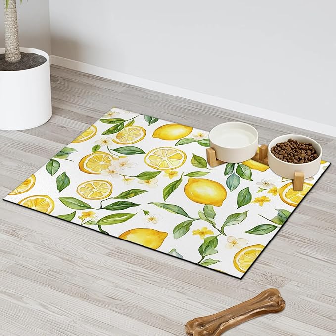 Yellow Lemon Dog Food Mat for Floors Absorbent Dog Bowl Mat for Food and Water Dispenser Quick Dry Cat Food Placemat Pet Supplies 17" x 30", Green Leaves Plant