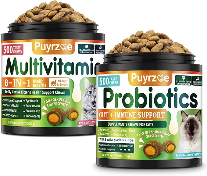 Cat Probiotics + Multivitamin– 500 Chews Crunchy & Creamy Cheese Core with 8-in-1 Support for Immune - Skin & Coat, Digestion, Heart, Bone, and Brain Health for All Cats
