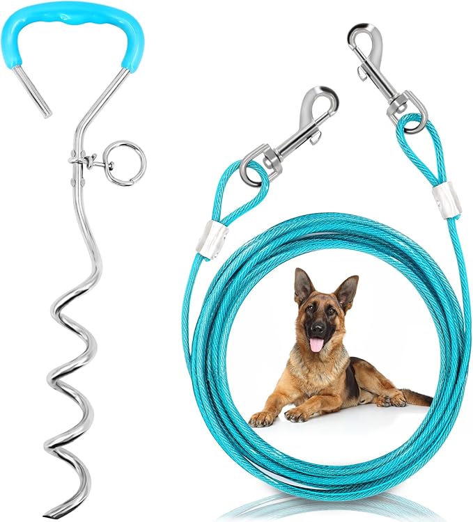 Supet Dog Tie Out Cable and Stake, Heavy Duty Runner with 32/16/10 FT Lead, Long Leash/Tether for Camping Backyard Outdoor Ground, Chain for Medium Large Dogs up to 125lbs