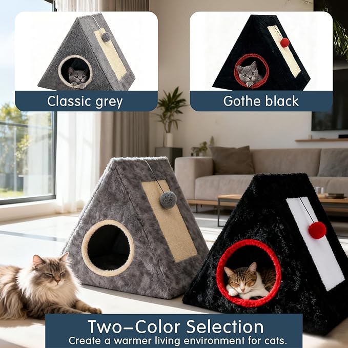 Cat Beds for Indoor - 2 in 1 Cat Cave House Tent for Kittens and Small Pets with Fluffy Ball Hanging and Scratch Pad,Foldable Kitten Hideaway with Non-Slip Bottom, Black, 17 inches