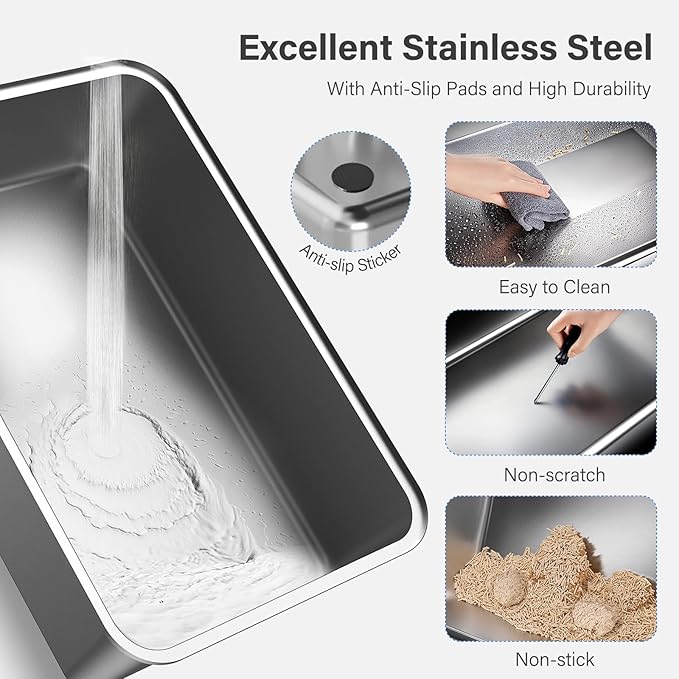 Stainless Steel Litter Box with Lid, XL Extra Large Enclosed Cat Litter Box Fits All Cats Modular Design with Flip Cover, Top Entry Metal High Sided Cat Box & Pedal & Scoop (Grey)