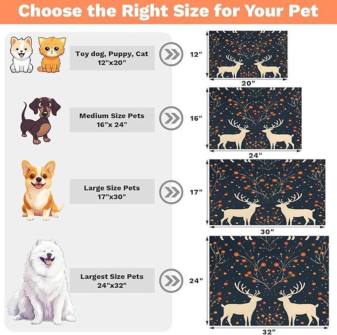 Christmas Deer Dog Food Mat for Floors Absorbent, Quick Dry Water Dispenser Mat for Food, Water, Pet Supplies 24" x 32", Holly